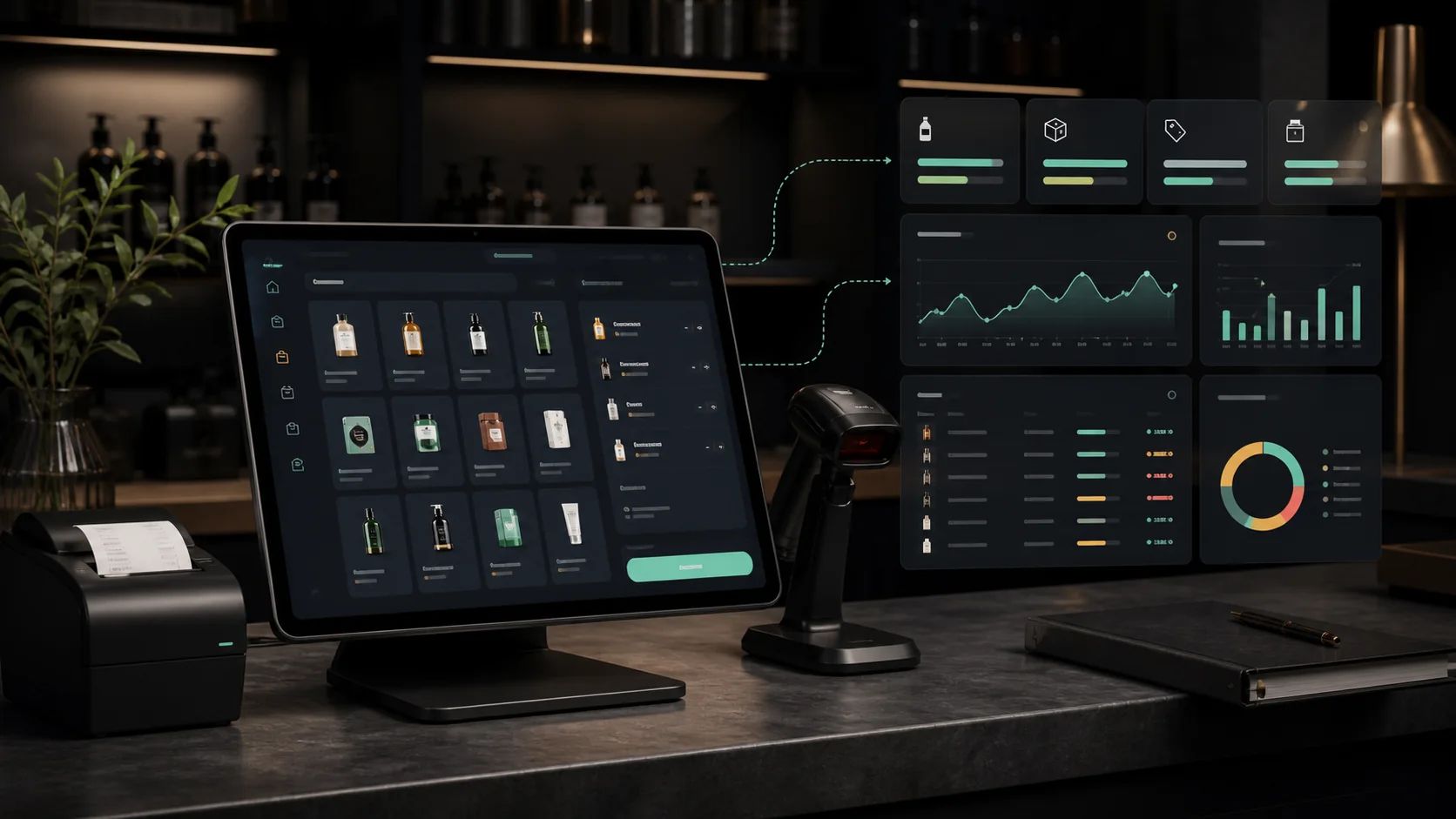 Concept preview of a dark point-of-sale tablet, barcode scanner, receipt printer, product catalog, and synchronized inventory dashboards.