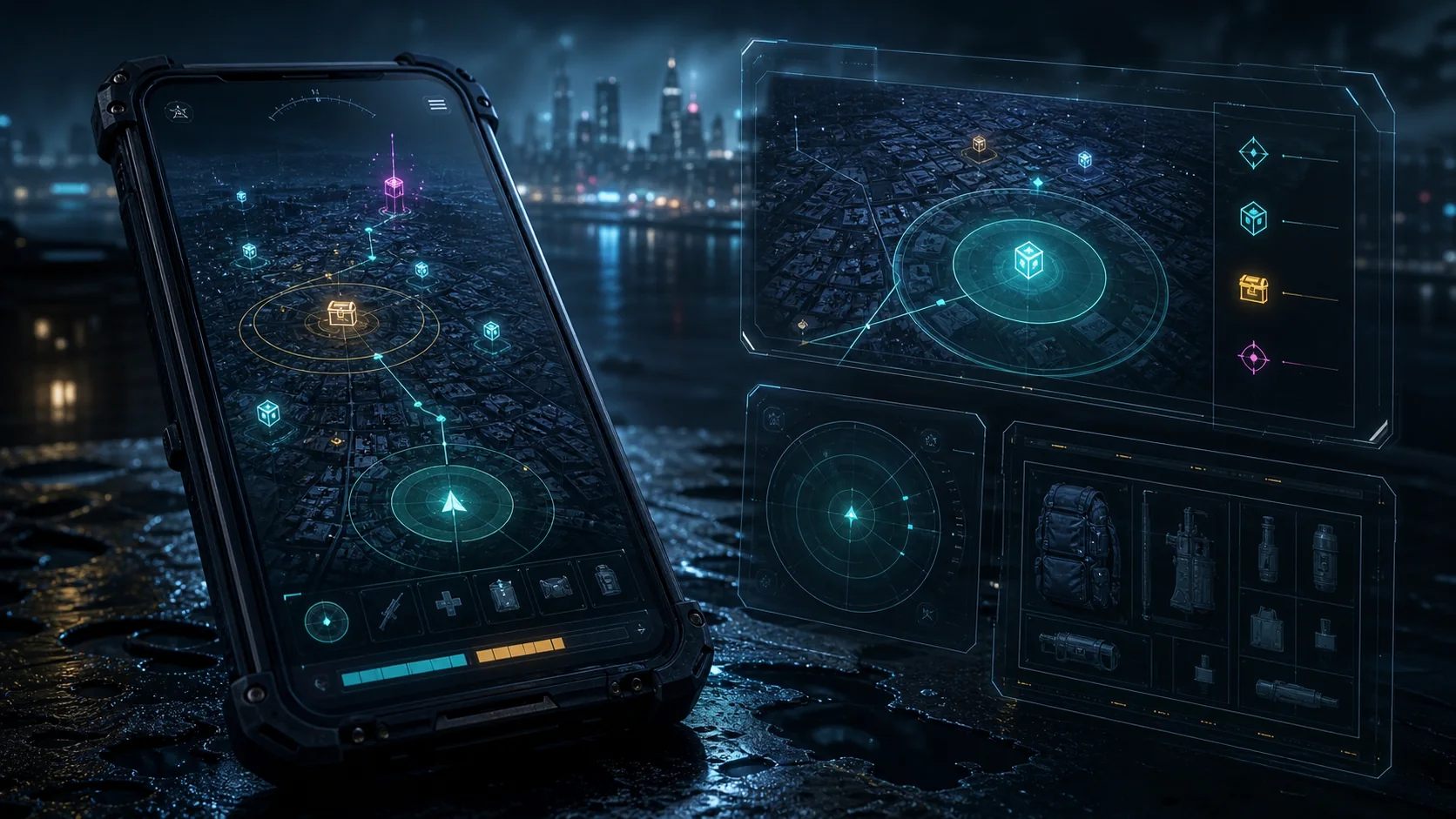 Concept preview of Travelers on a rugged phone showing a night map, relic signals, a loot chest, route rings, and backpack equipment.